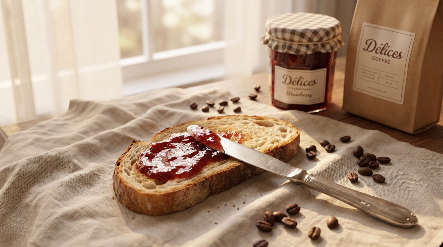 Délices strawberry jam spread on artisan toast beside a Délices jam jar and coffee bag
